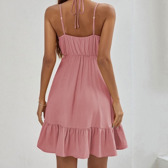 bohemian Pink strappy v neck ruffle hem dress - Picture 9 of 9